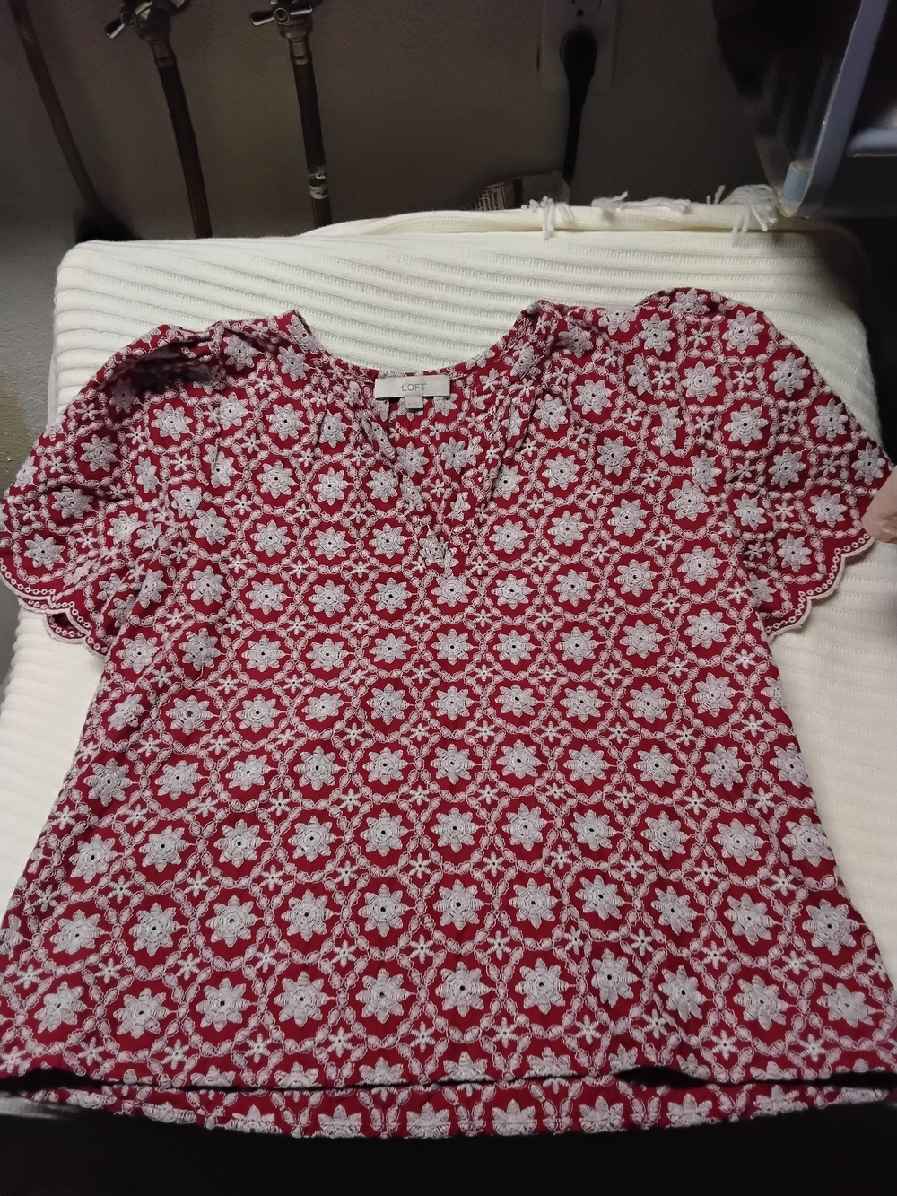 LOFT Red Floral Crochet-Style Short Sleeve Blouse